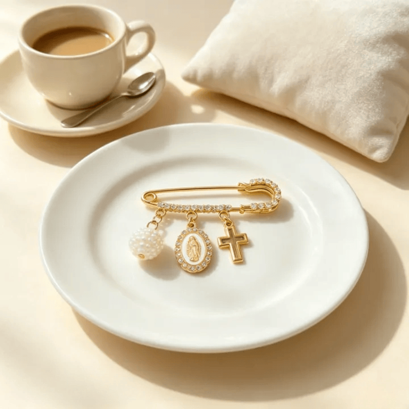 Christianartworkshop Heart Charm Holy Portrait Safety Pin Brooch: Keepsake of Tender Divine Affection - Our Lady & Cross B - image 1