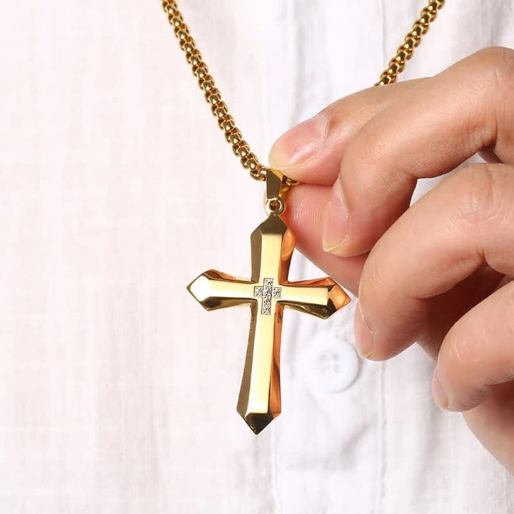 FREE Today: Three-Styled Stainless Steel Sculpted Cross Pendant Necklace - Golden - image 2