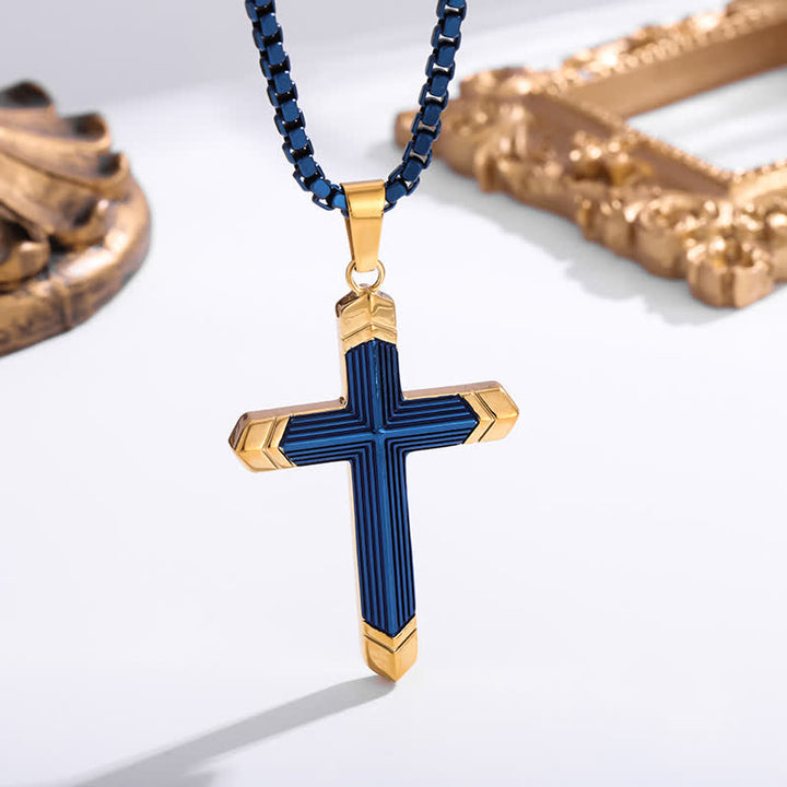 Christianartworkshop Linear Engraved Titanium Cross Pendant: Keepsake of Sincere Devoted Remembrance - Golden & Blue - image 2