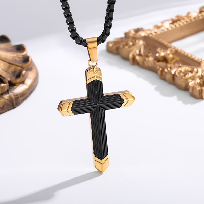 Christianartworkshop Linear Engraved Titanium Cross Pendant: Keepsake of Sincere Devoted Remembrance - Golden & Black - image 1