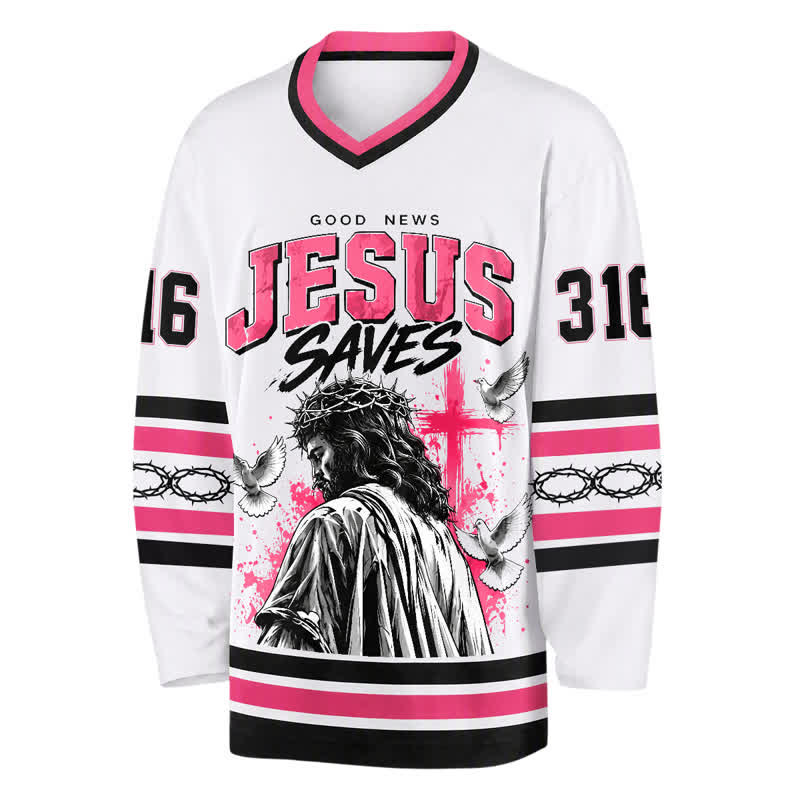 Christianartworkshop John 316 Jesus Saves White Long Sleeve Hockey Jersey - image 2