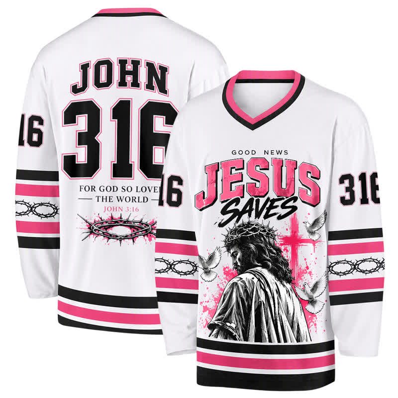 Christianartworkshop John 316 Jesus Saves White Long Sleeve Hockey Jersey - 5XL - image 0
