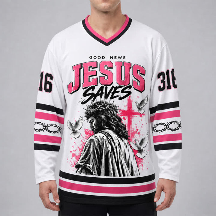 Christianartworkshop John 316 Jesus Saves White Long Sleeve Hockey Jersey - image 3