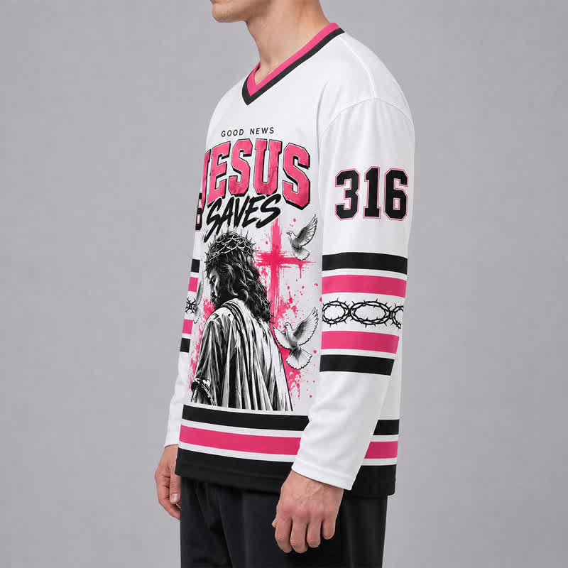 Christianartworkshop John 316 Jesus Saves White Long Sleeve Hockey Jersey - image 5