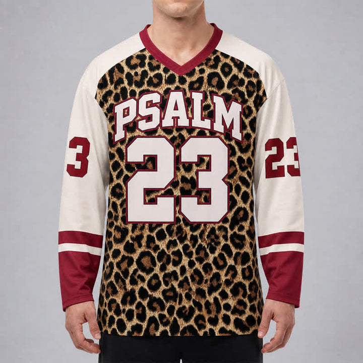 Christianartworkshop Psalm 23 Leopard Print Varsity Long Sleeve Hockey Jersey - image 4