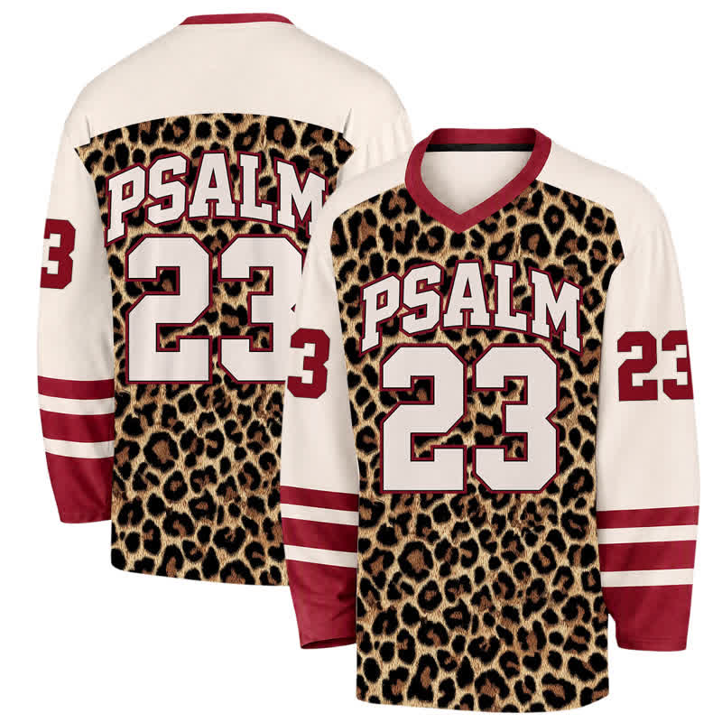 Christianartworkshop Psalm 23 Leopard Print Varsity Long Sleeve Hockey Jersey - 5XL - image 0