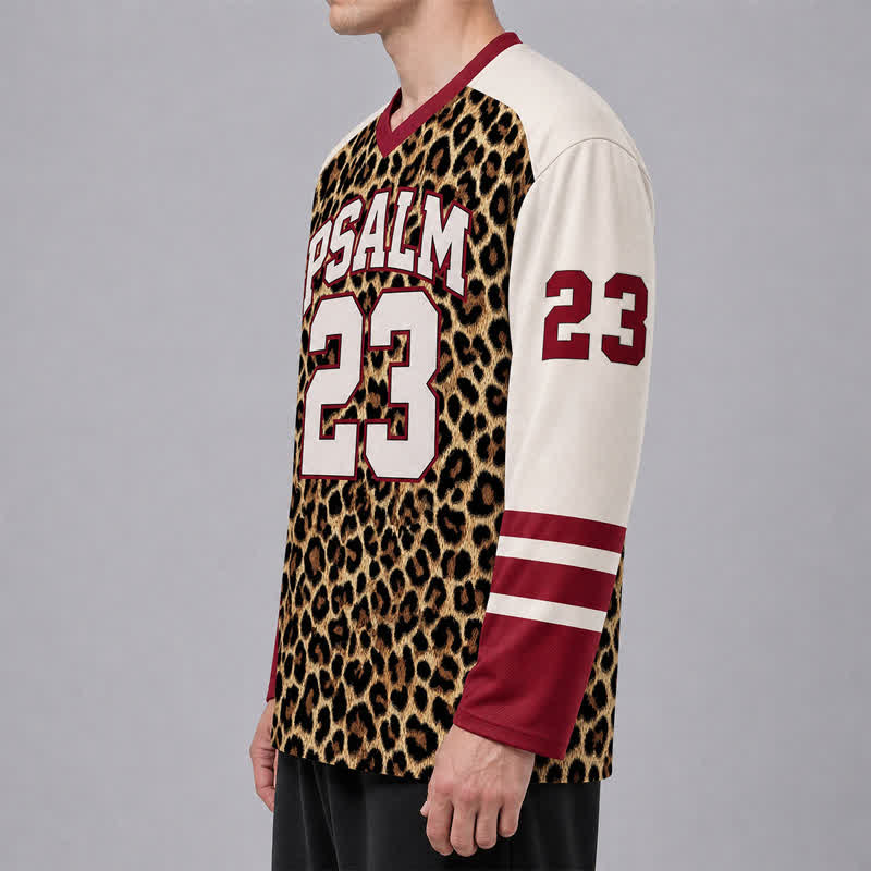 Christianartworkshop Psalm 23 Leopard Print Varsity Long Sleeve Hockey Jersey - image 5
