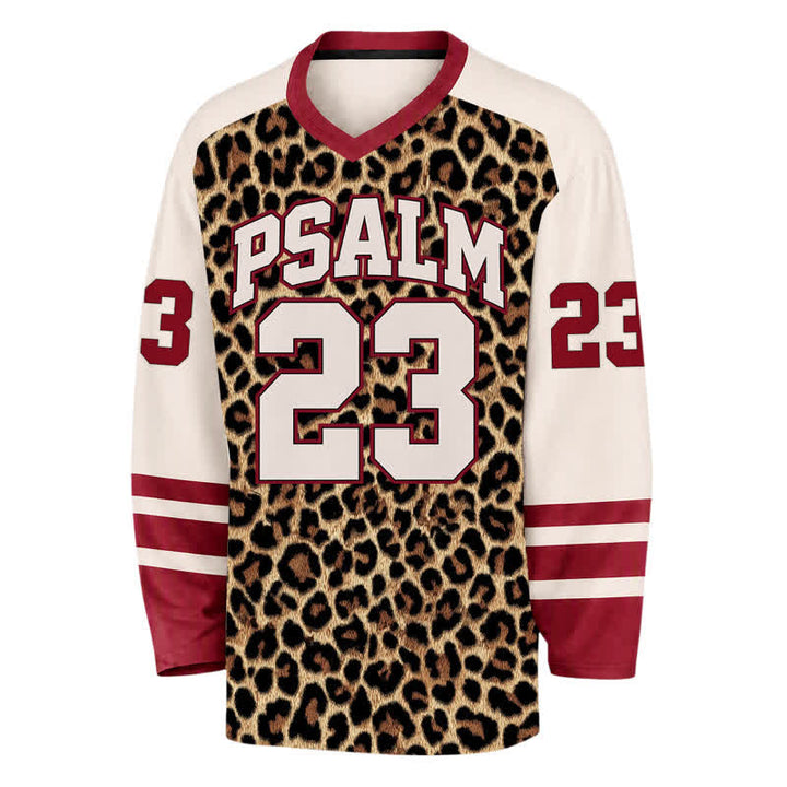 Christianartworkshop Psalm 23 Leopard Print Varsity Long Sleeve Hockey Jersey - image 2
