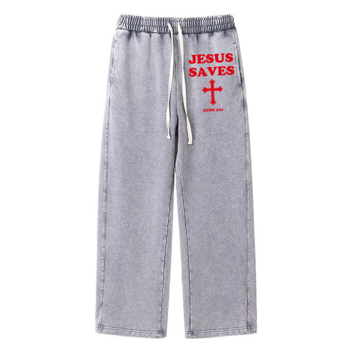Christianartworkshop Jesus Saves Cross Graphic Grey Washed Sweatpants - Grey - 2XL - image 0
