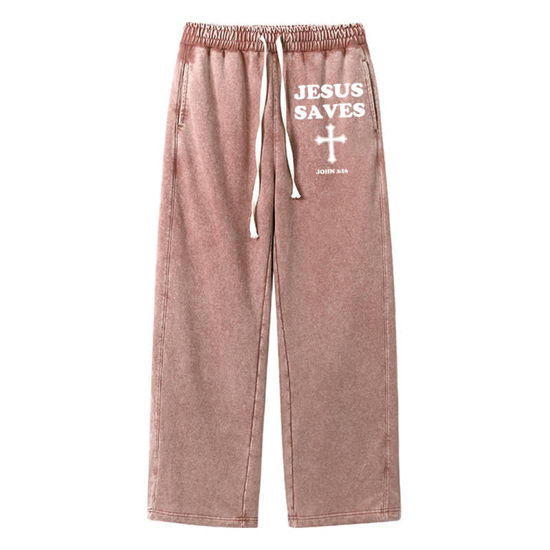 Christianartworkshop Jesus Saves Cross Graphic Grey Washed Sweatpants - Brown - 2XL - image 40