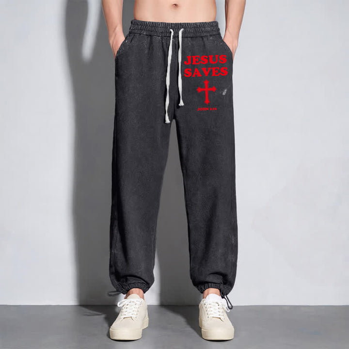 Christianartworkshop Jesus Saves Cross Graphic Grey Washed Sweatpants - image 14