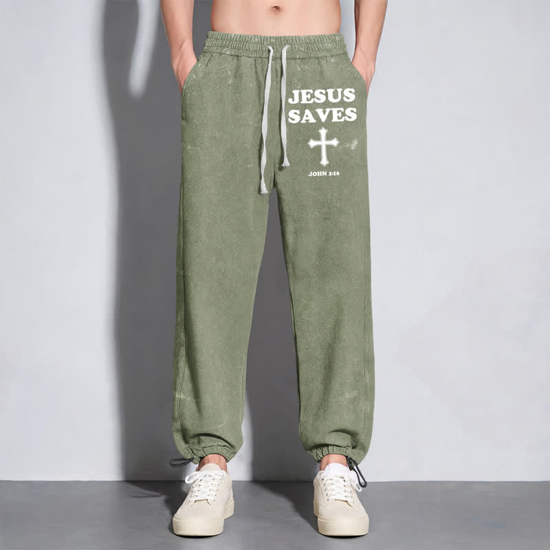Christianartworkshop Jesus Saves Cross Graphic Grey Washed Sweatpants - image 22