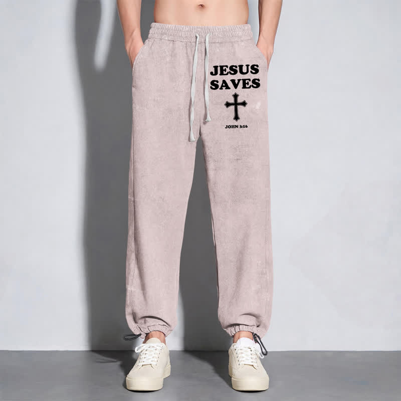 Christianartworkshop Jesus Saves Cross Graphic Grey Washed Sweatpants - image 38