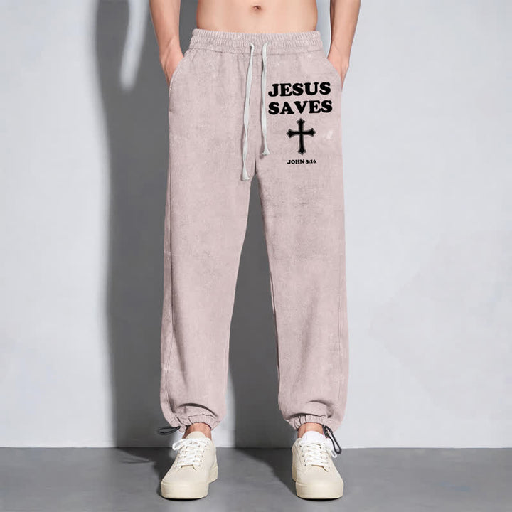 Christianartworkshop Jesus Saves Cross Graphic Grey Washed Sweatpants - image 38