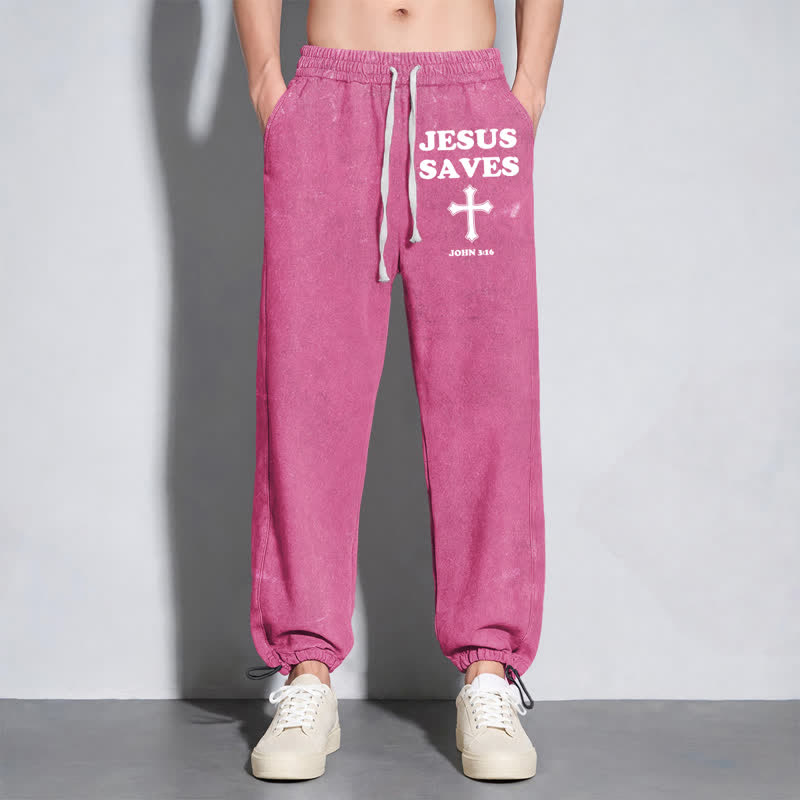 Christianartworkshop Jesus Saves Cross Graphic Grey Washed Sweatpants - image 30
