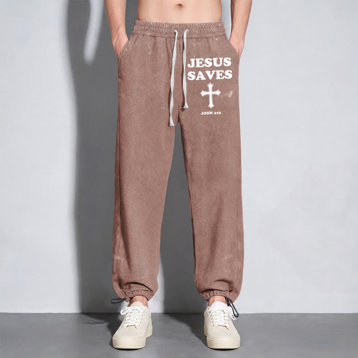 Christianartworkshop Jesus Saves Cross Graphic Grey Washed Sweatpants - image 46