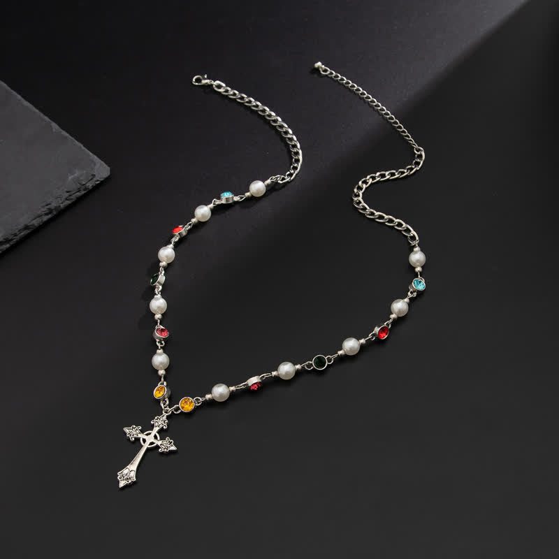 Christianartworkshop Faux Pearl Beaded Zinc Alloy Cross Necklace: Emblem of Soft Heavenly Shelter - image 2