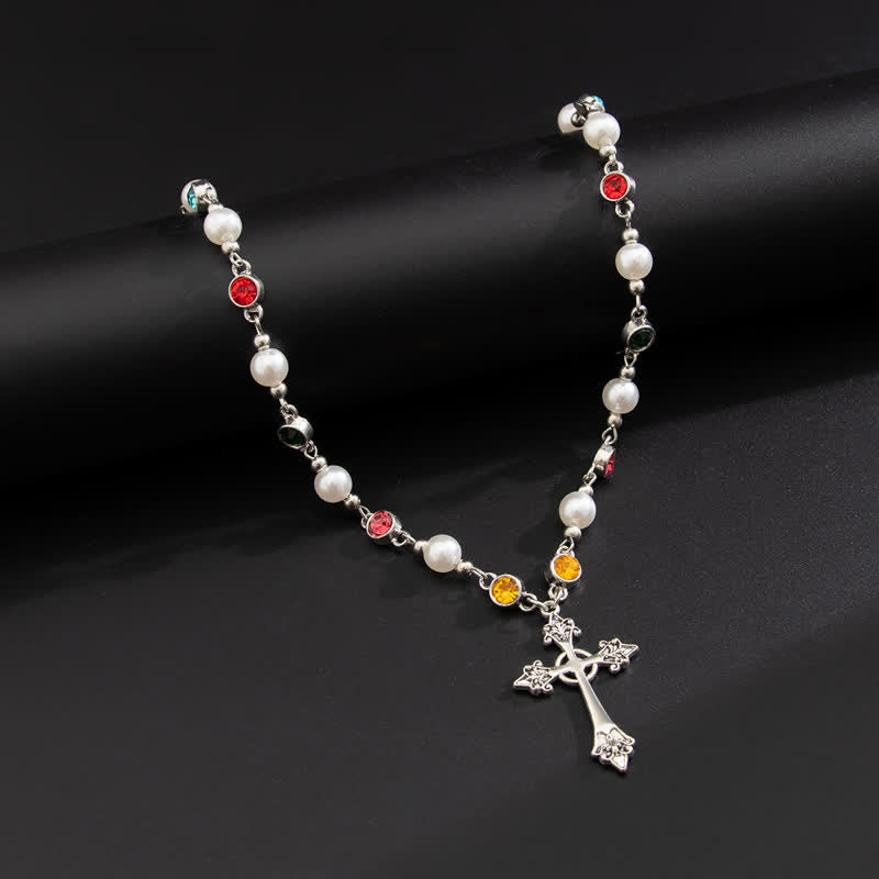 Christianartworkshop Faux Pearl Beaded Zinc Alloy Cross Necklace: Emblem of Soft Heavenly Shelter - image 1