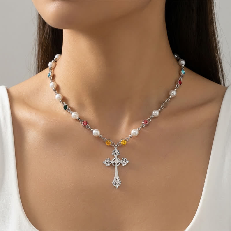 Christianartworkshop Faux Pearl Beaded Zinc Alloy Cross Necklace: Emblem of Soft Heavenly Shelter - image 4