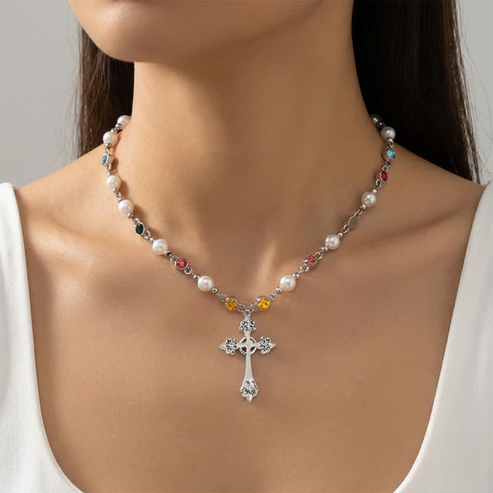 Christianartworkshop Faux Pearl Beaded Zinc Alloy Cross Necklace: Emblem of Soft Heavenly Shelter - image 4