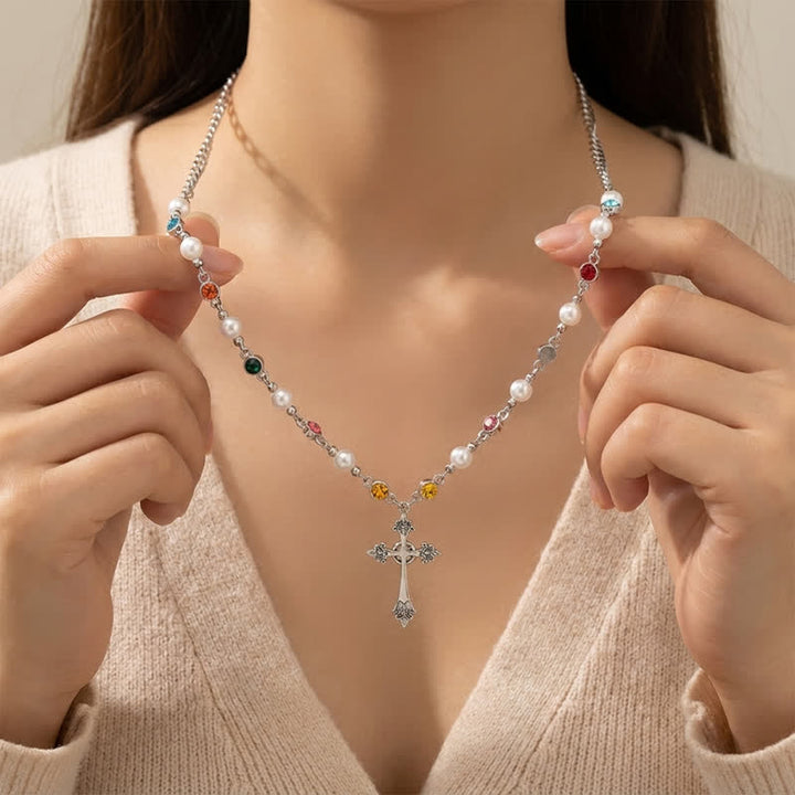 Christianartworkshop Faux Pearl Beaded Zinc Alloy Cross Necklace: Emblem of Soft Heavenly Shelter - image 5