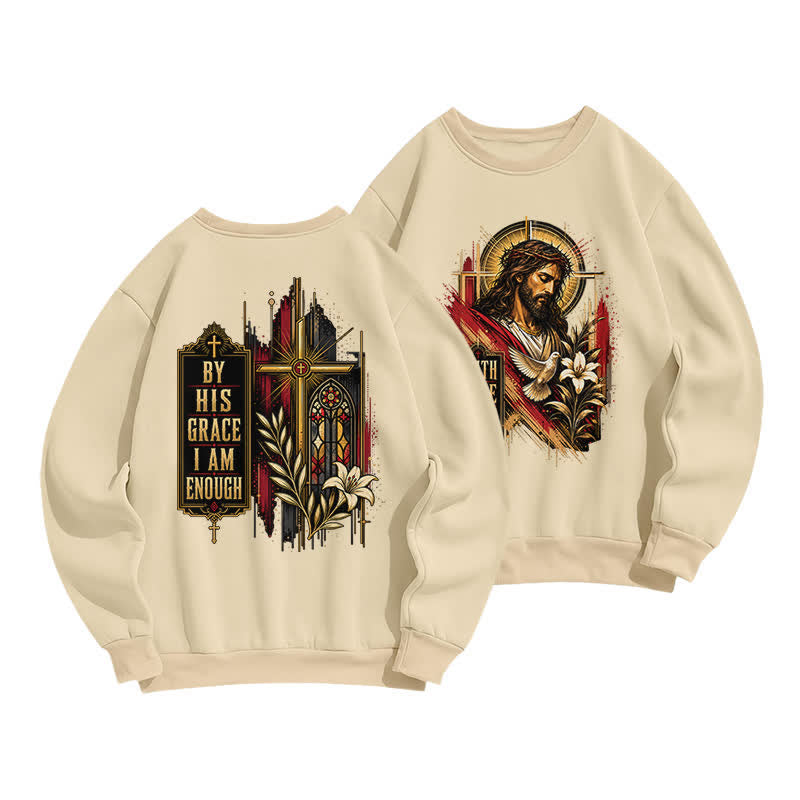 Christianartworkshop By His Grace Stained Glass Cross Black Crewneck Sweatshirt - Beige - 2XL - image 15