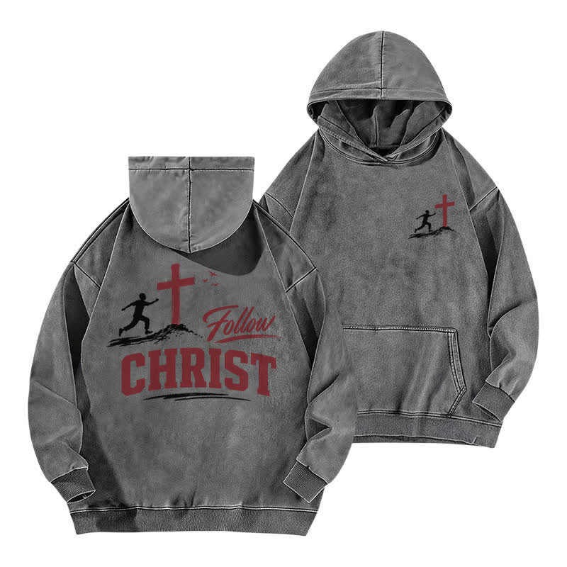 Christianartworkshop Follow Christ Cross Front And Back Washed Hoodie - Grey - 5XL - image 15
