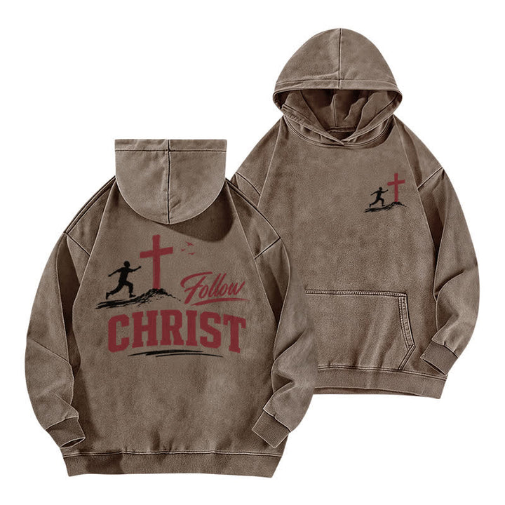 Christianartworkshop Follow Christ Cross Front And Back Washed Hoodie - Coffee - 5XL - image 9