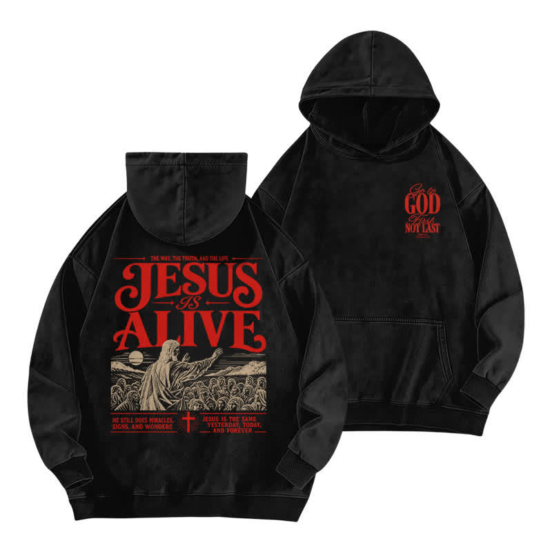 Christianartworkshop Jesus Is Alive Vintage Black Washed Hoodie - Black - 5XL - image 0