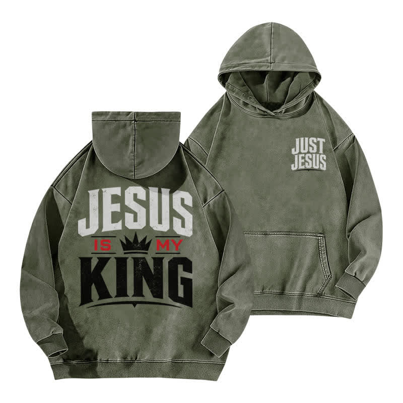 Christianartworkshop Just Jesus Jesus Is My King Washed Hoodie - Army Green - 5XL - image 6