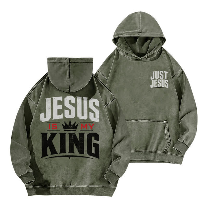 Christianartworkshop Just Jesus Jesus Is My King Washed Hoodie - Army Green - 5XL - image 6