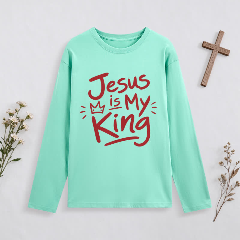 Christianartworkshop Jesus Is My King Crown Graphic Long Sleeve T Shirt - Green - 4XL - image 7