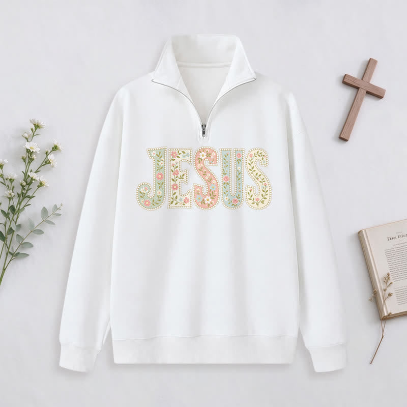 Christianartworkshop Floral Pattern Jesus Statement Half-zip Pullover - White - 3XL - image 10