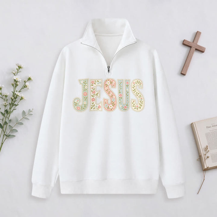 Christianartworkshop Floral Pattern Jesus Statement Half-zip Pullover - White - 3XL - image 10