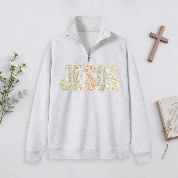 Christianartworkshop Floral Pattern Jesus Statement Half-zip Pullover - Light Gray - 3XL - image 13