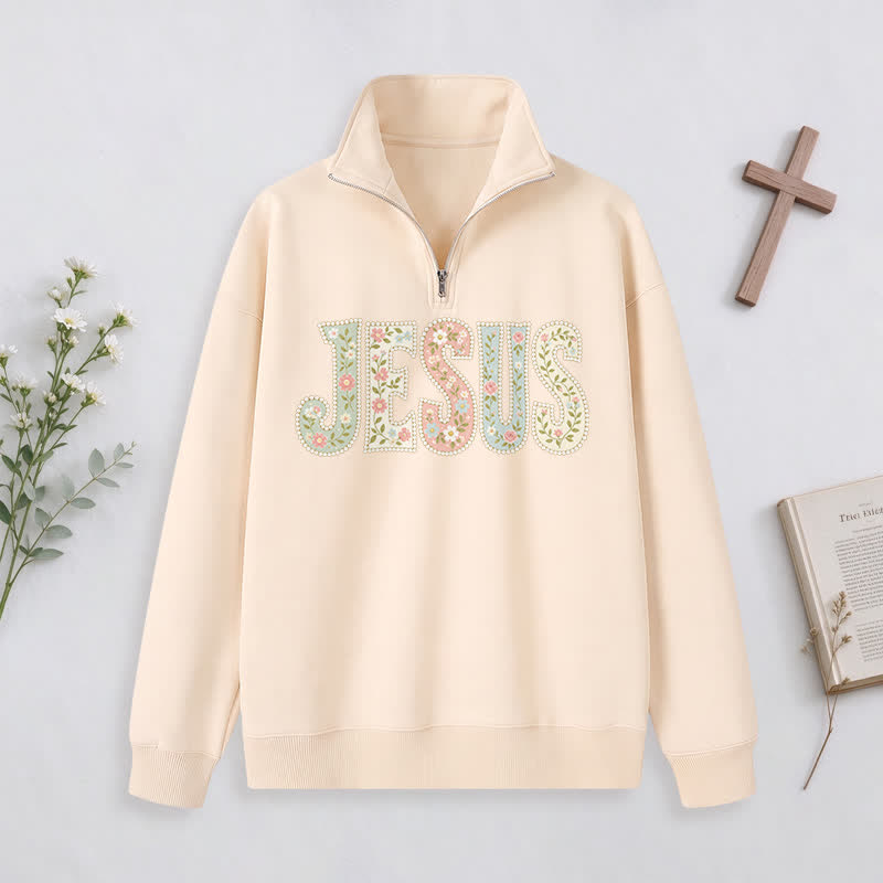 Christianartworkshop Floral Pattern Jesus Statement Half-zip Pullover - Beige - 3XL - image 6