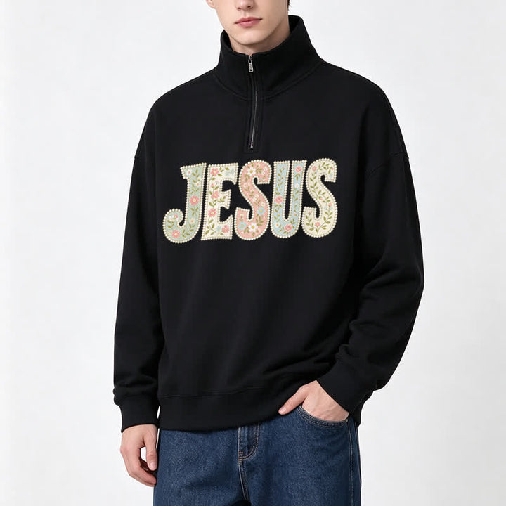 Christianartworkshop Floral Pattern Jesus Statement Half-zip Pullover - image 3