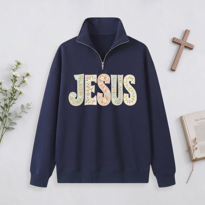 Christianartworkshop Floral Pattern Jesus Statement Half-zip Pullover - Navy Blue - 3XL - image 0