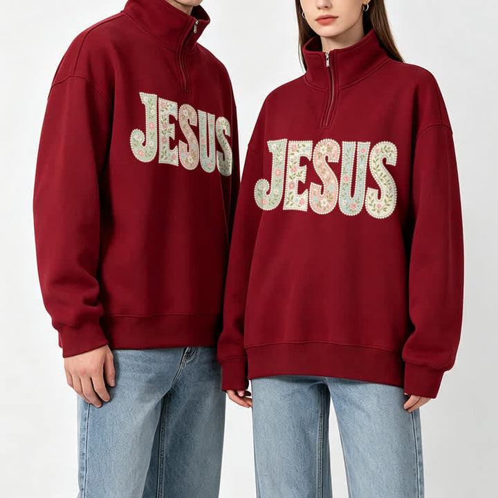 Christianartworkshop Floral Pattern Jesus Statement Half-zip Pullover - image 5