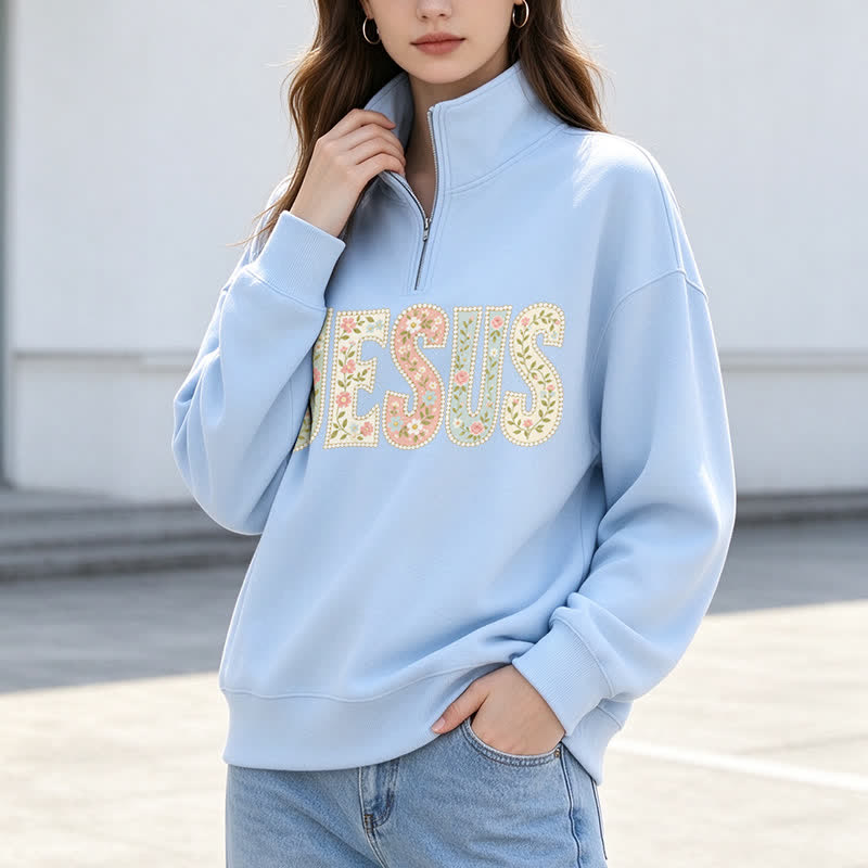 Christianartworkshop Floral Pattern Jesus Statement Half-zip Pullover - image 9