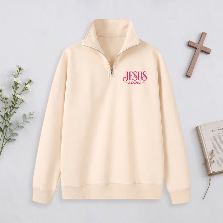 Christianartworkshop Jesus Saves White Stand Collar Half-Zip Pullover - image 14