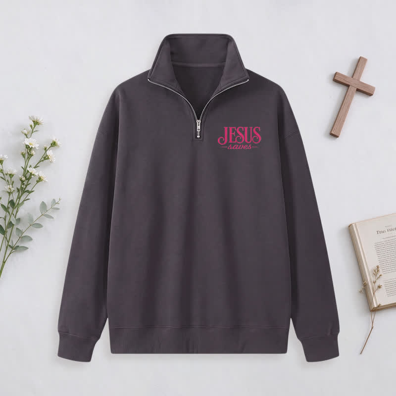 Christianartworkshop Jesus Saves White Stand Collar Half-Zip Pullover - image 25