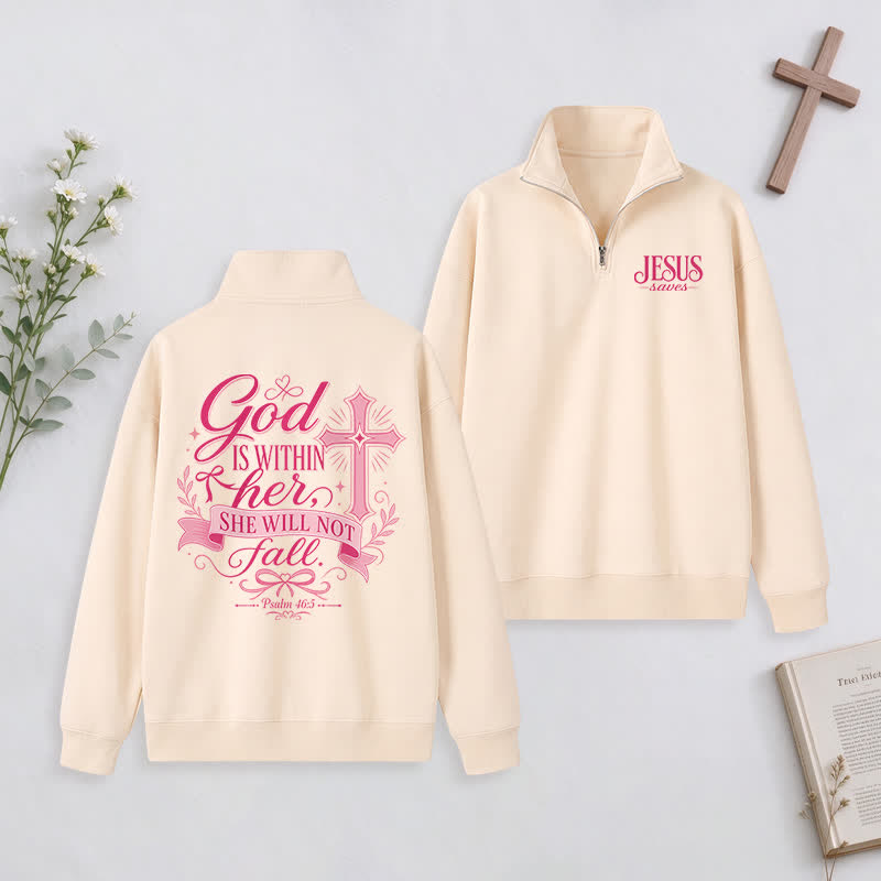 Christianartworkshop Jesus Saves White Stand Collar Half-Zip Pullover - Beige - 3XL - image 12
