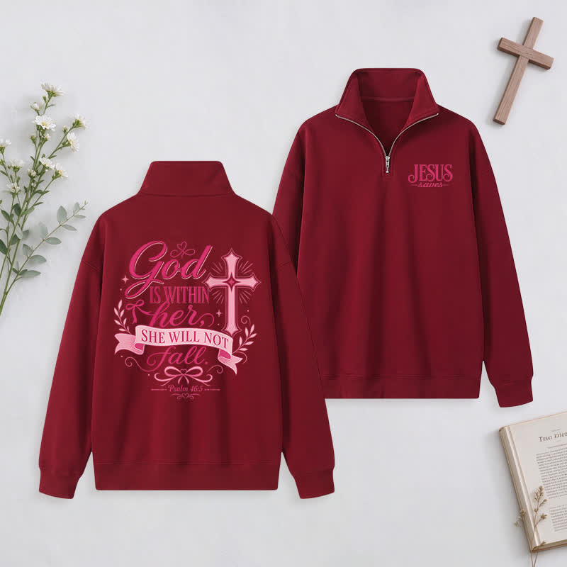 Christianartworkshop Jesus Saves White Stand Collar Half-Zip Pullover - Wine - 3XL - image 4