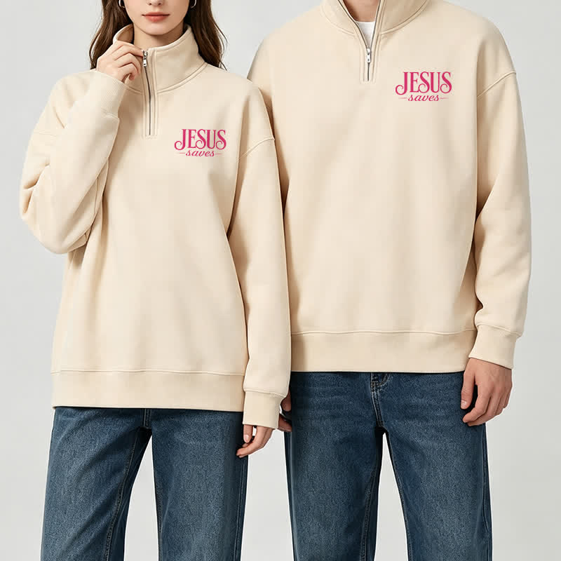 Christianartworkshop Jesus Saves White Stand Collar Half-Zip Pullover - image 15