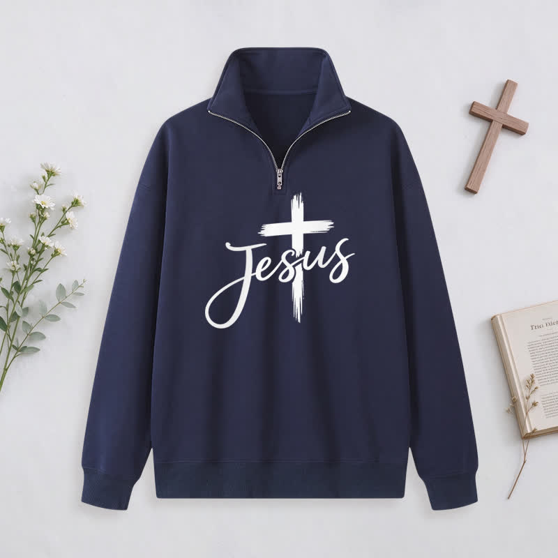 Christianartworkshop Multicolored Jesus Cross Graphic Half-Zip Pullover - Grey - 3XL - image 0