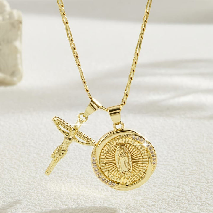 FREE Today: Double Pendant Necklace with Zircon-Encircled Our Lady Medallion & Polished Cross Charm - Our Lady & Crucifix - image 6