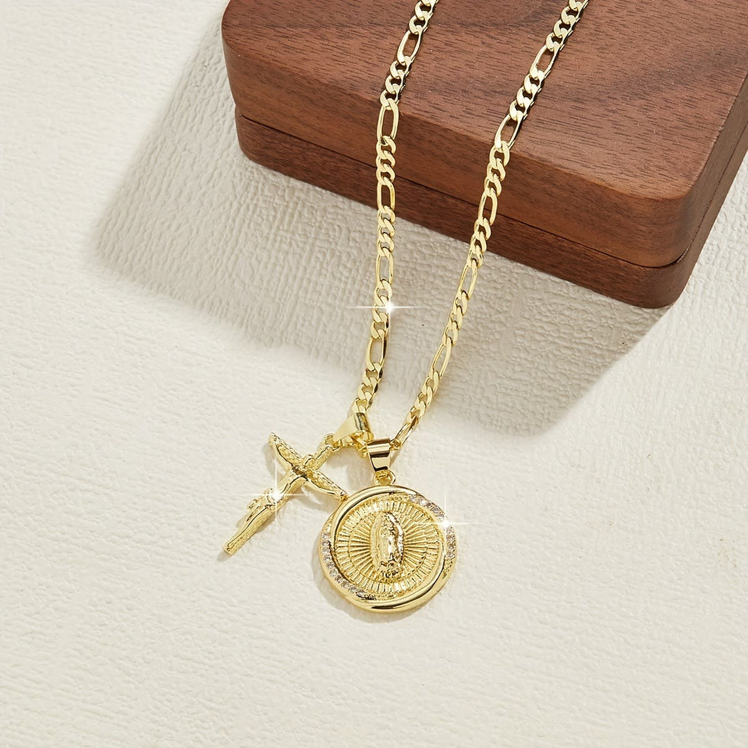 FREE Today: Double Pendant Necklace with Zircon-Encircled Our Lady Medallion & Polished Cross Charm - image 9