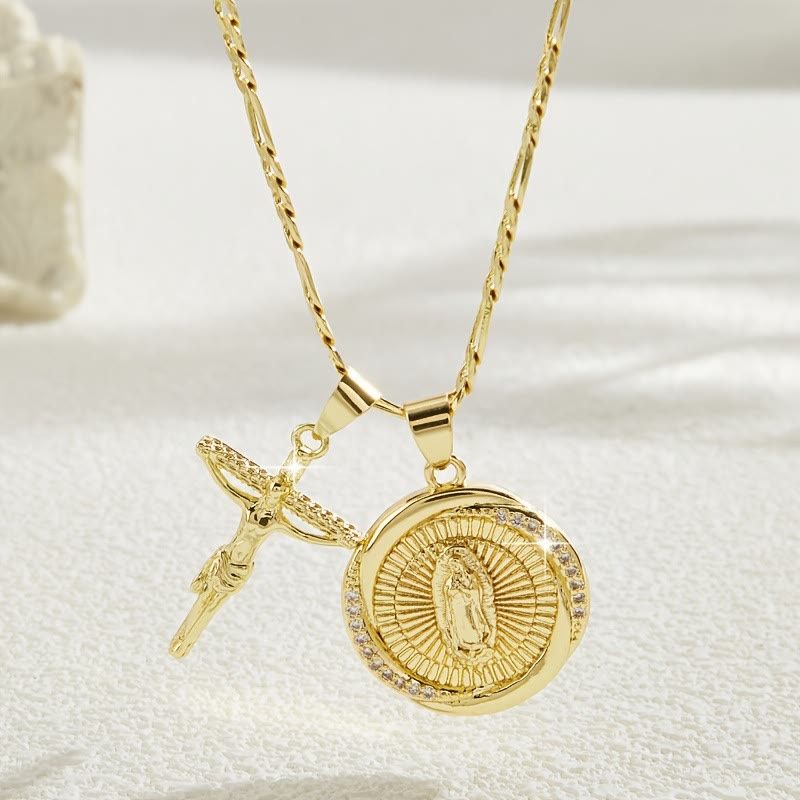 Christianartworkshop Double Pendant Necklace with Zircon-Encircled Our Lady Medallion & Polished Cross Charm - Our Lady & Crucifix - image 6