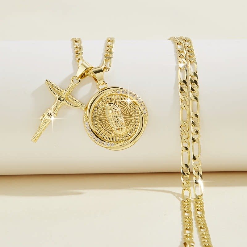 Christianartworkshop Double Pendant Necklace with Zircon-Encircled Our Lady Medallion & Polished Cross Charm - image 8